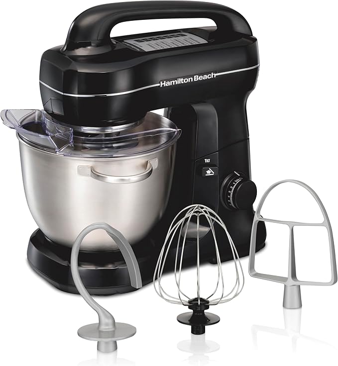 Hamilton Beach Electric Stand Mixer, 4 Quarts, Dough Hook, Flat Beater Attachments, Splash Guard 7 Speeds with Whisk, Easy-Carry Top Handle, Black