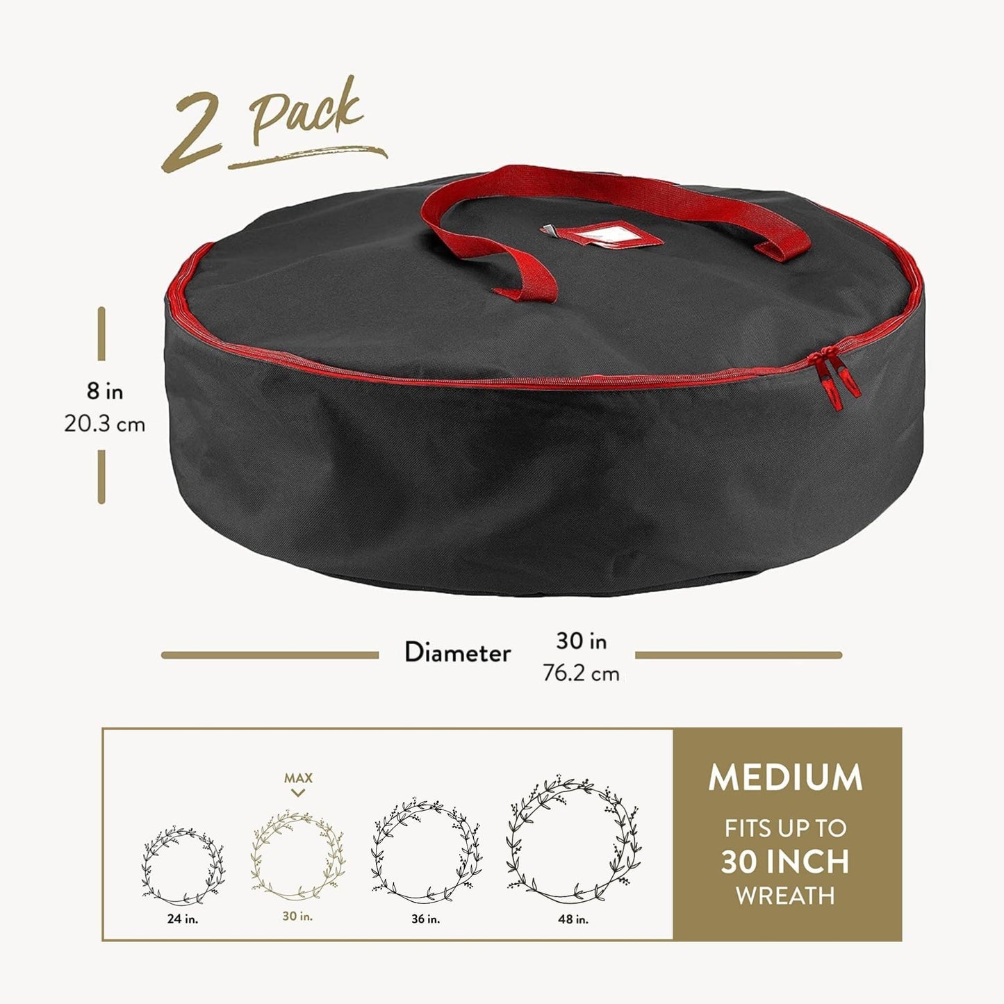 ZOBER 2 Pack Oxford Christmas Wreath Storage Container 30 Inch - Wreath Bag for Artificial Wreaths Box - Waterproof Fabric, Dual Zippered Wreaths Storage Bag With Strong Durable Handles - Black