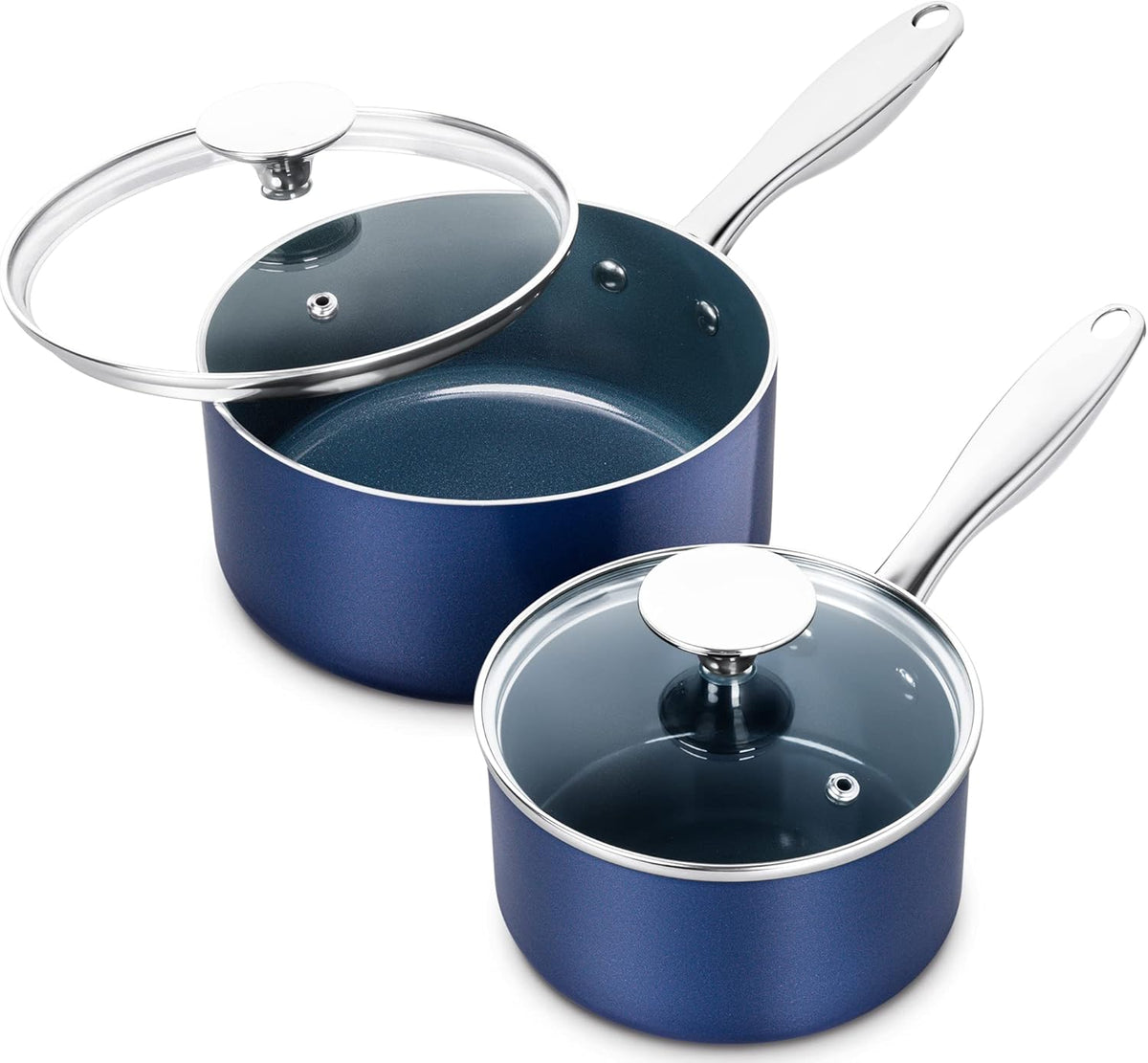 MICHELANGELO Saucepan Set, 1Qt & 2Qt Ceramic Sauce Pan with Lid, Nonstick Saucepans with Lids, Small Pot with Stainless Steel Handle, Oven Safe, Blue
