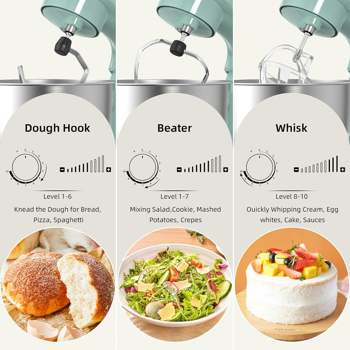 Electric Stand Mixer,10 Speeds 660W Tilt-Head Food Mixer, 3-IN-1 Kitchen Mixer for Daily Cooks with 6.5 QT Bowl,Dough Hook, Beater, Whisk (Agave Green)