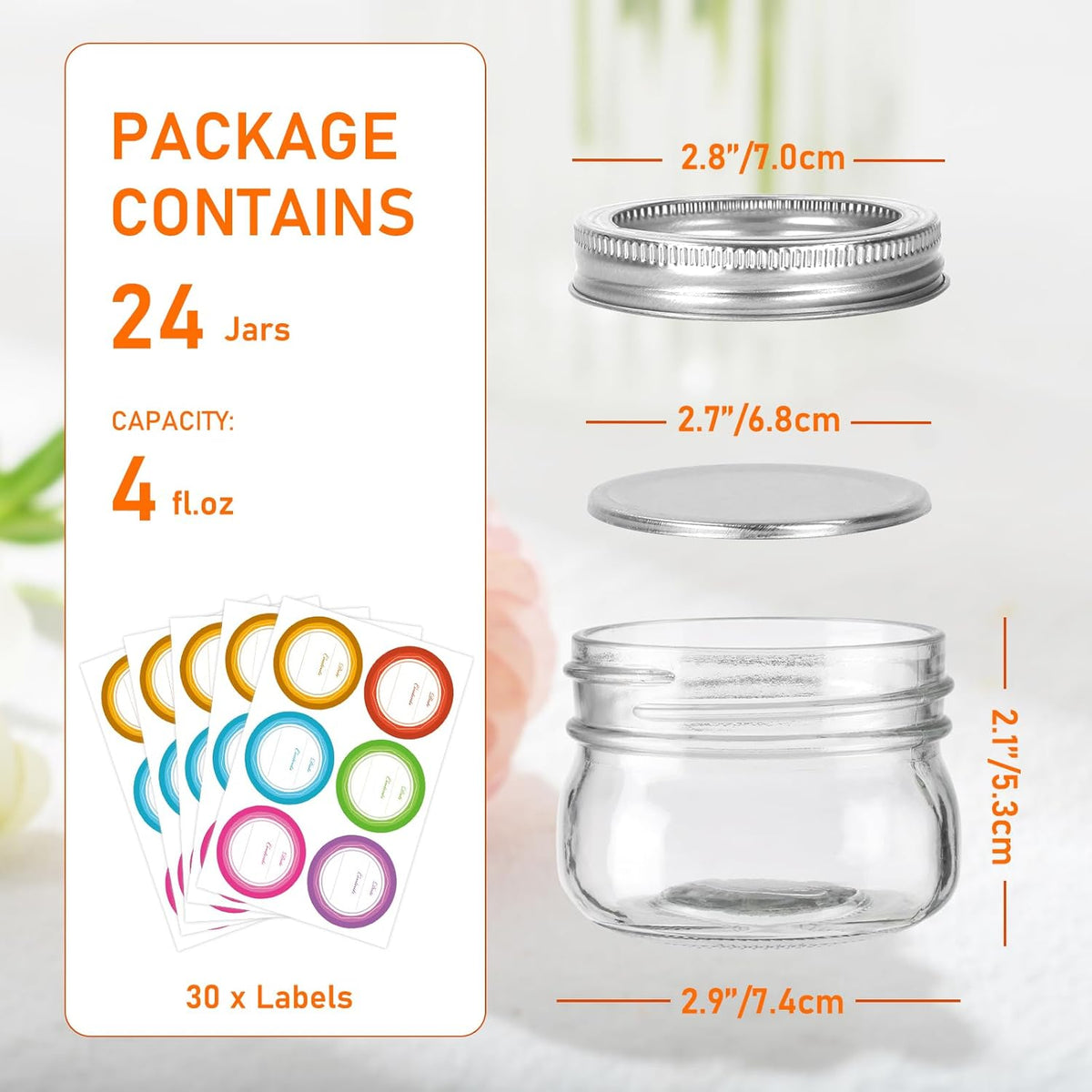 4 oz Mason Jars With Silver Lids and Bands, 24 Pack Regular Mouth Canning Jars for Jam, Honey, Yogurt, Candy, Spices, Snacks, DIY Projects, Wedding Favors- Includes 30 Stickers