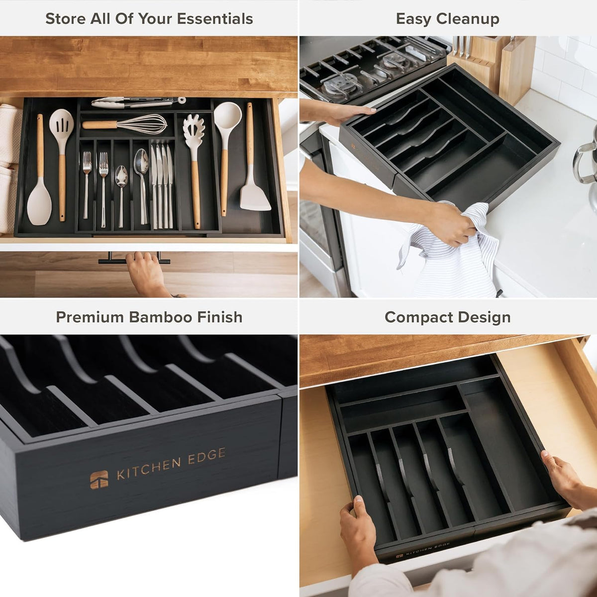 KitchenEdge Premium Silverware, Flatware and Utensil Organizer for Kitchen Drawers, Food-Safe Contract Grade, Expandable from 16 to 28 In, Black Bamboo