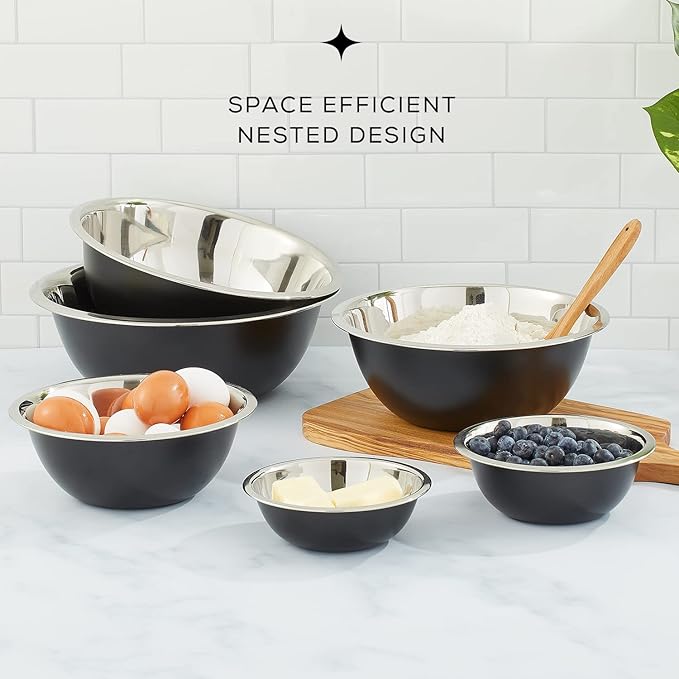 JoyJolt Stainless Steel Mixing Bowl Set - 6 Piece Nesting Bowls, 5qt to 0.5qt, Black, Perfect for Dough, Batter & Baking