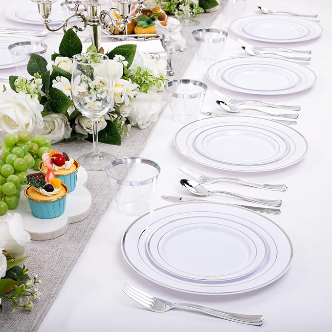 bUCLA 300PCS Silver Disposable Plastic Dinnerware Set - 50 Guests White Silver Disposable Plates Include 50 Dinner Plates,50 Dessert Plates,50 Knives,50 Forks,50 Spoons,50 Cups for Party & Christmas