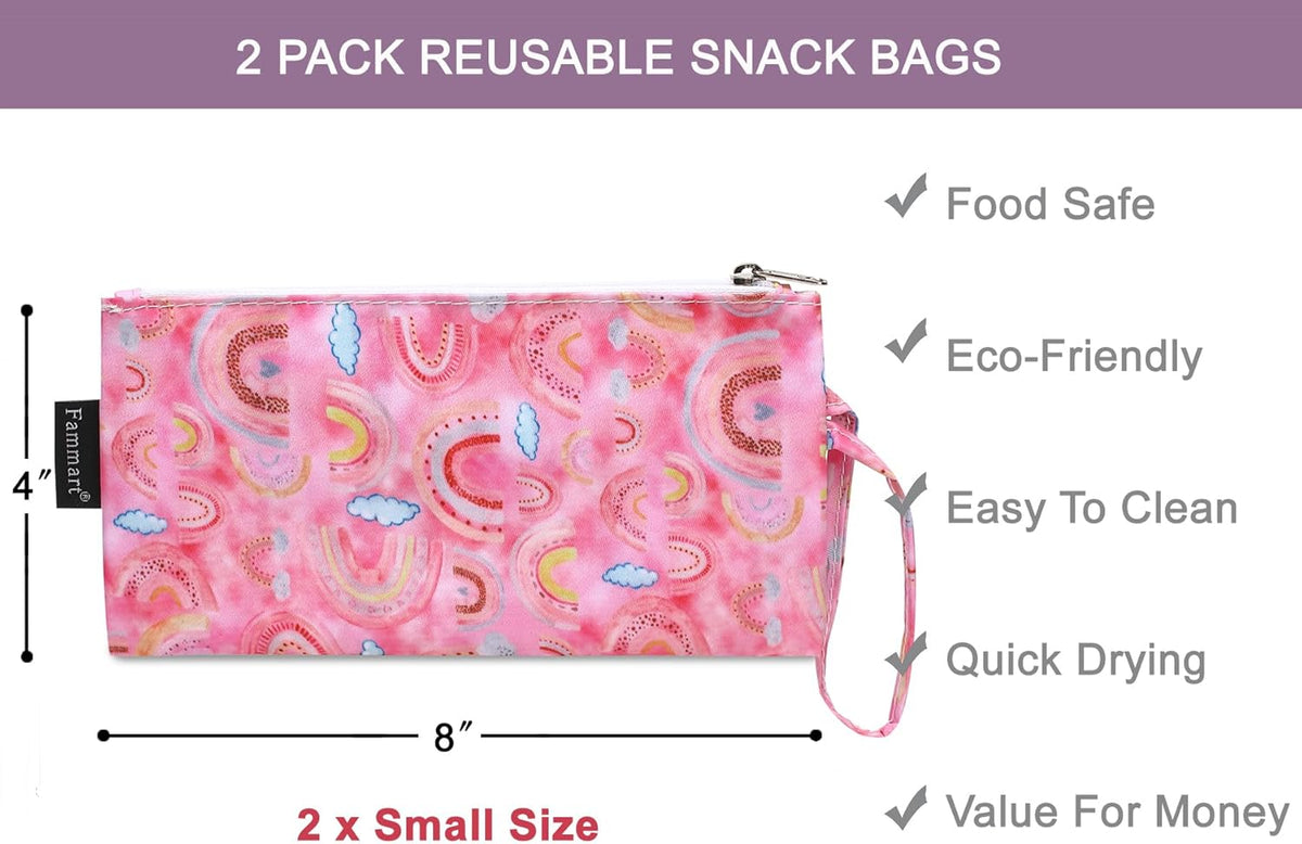 Reusable Sandwich Bag/Snack Bag for Kids & Adults, Dual Layer Lunch Bag with Handle, Washable, Food Safe, BPA Free (2-Pack, Rainbow)