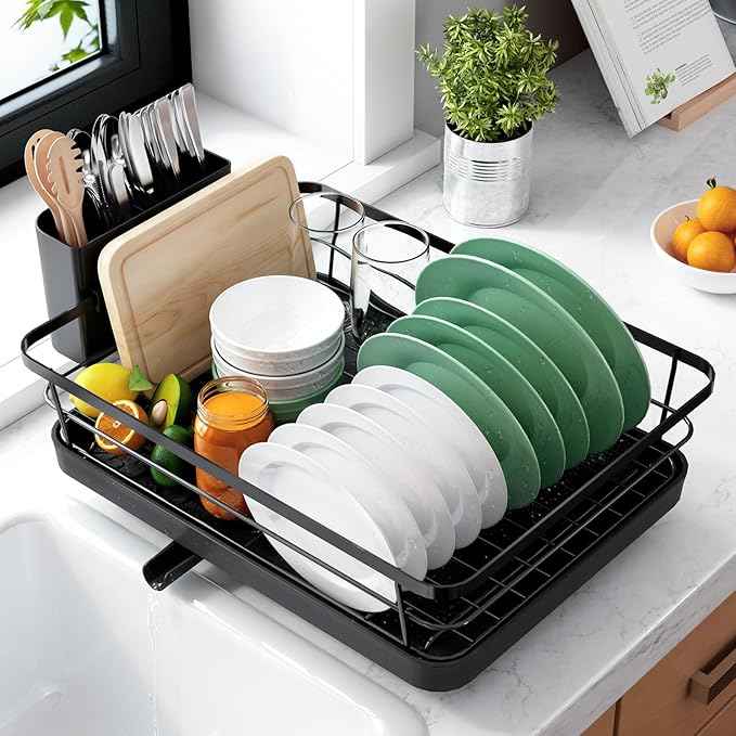 Kitsure Dish Drying Rack for Kitchen Counter, Stainless Steel Sink Organization and Storage Essentials with Cutlery Holder, Home and Appartment Decor, 12''W x 15.5''L, Black