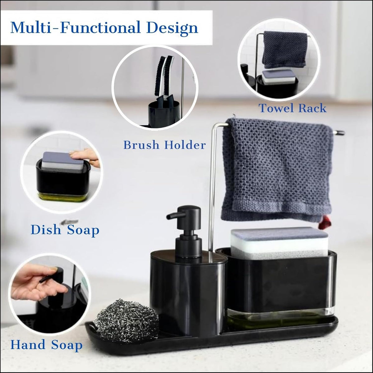 Kitchen Soap Dispenser Set with Sink Caddy-Hand and Dish Soap Dispenser with Sponge,Crevice Cleaning Brush,stailess Steel Scrubber, Sponge and discloth Holder 5-in-1 Organizer Set (Black)