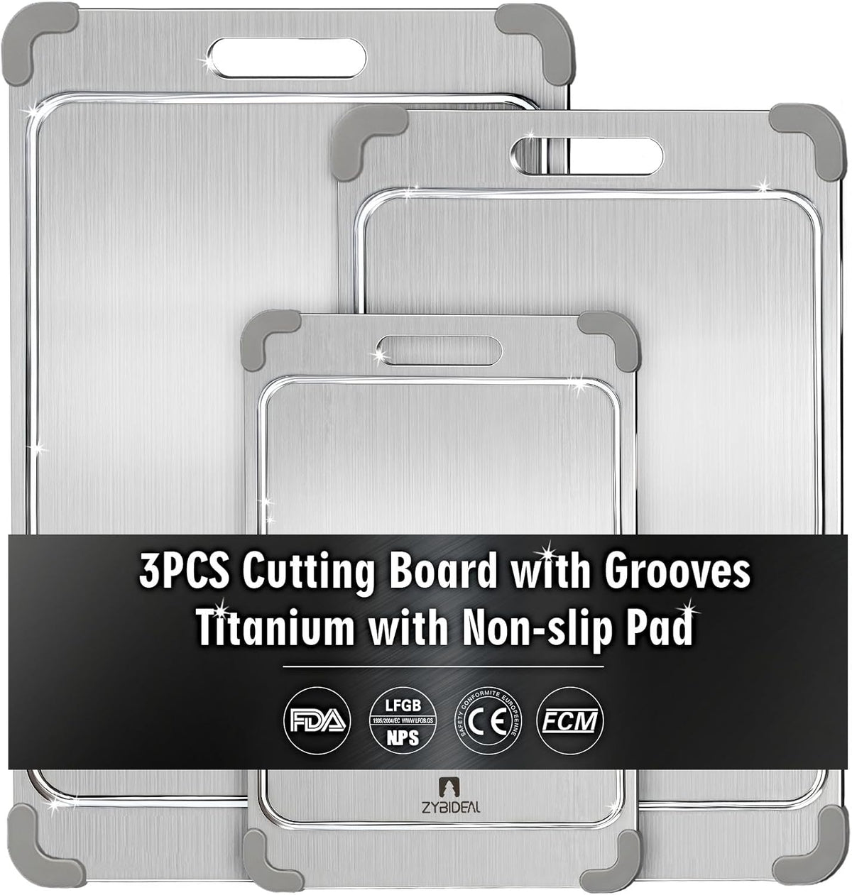 3Pcs 100% Pure Titanium Cutting Board with Grooves, Update Double Side Titanium Chopping Board, Silicone Anti-slip Stainless Cutting Boards Set for Kitchen, Grey