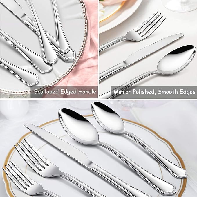 Dinner Spoons Set of 12, E-far 7.9 Inch Stainless Steel Soup Spoons Tablespoons for Home, Kitchen or Restaurant, Non-toxic & Mirror Polished, Scalloped Edge & Dishwasher Safe