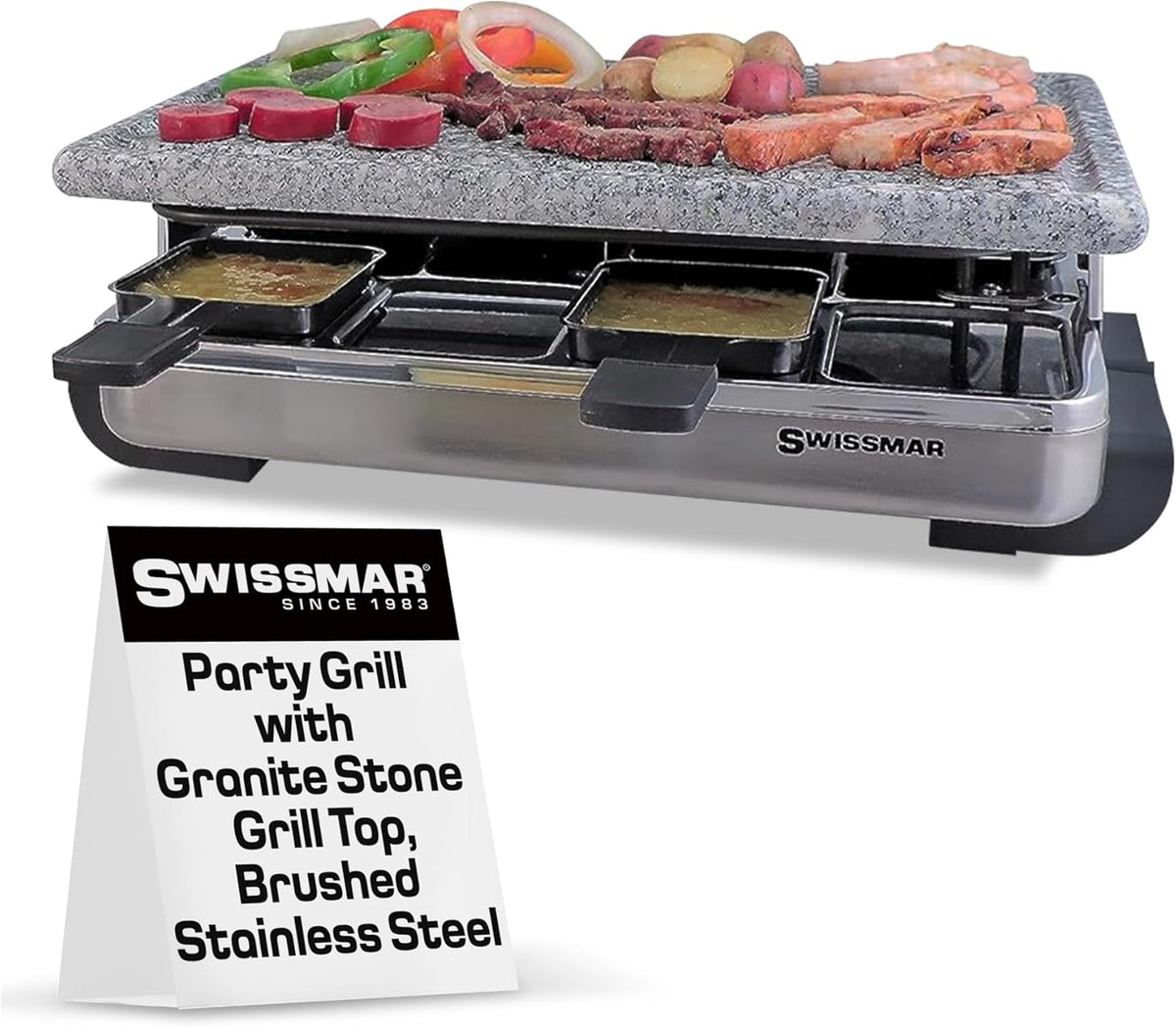 Swissmar Stelvio Raclette Party Grill with Granite Stone Non-Stick Grill Plate/Crepe Top, Outdoor & Indoor Electric BBQ Grill, Samgyupsal Griller - Brushed Stainless Steel - 8-Person - Silver