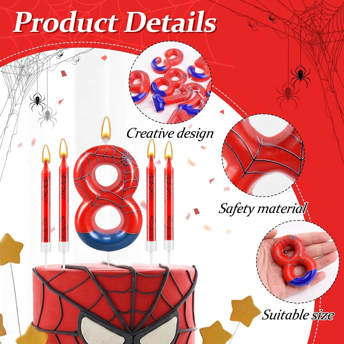 13 Pcs Spider Themed Birthday Candle Set Red Spider Theme Number 8 Candle Cake Topper for Boys Girls Birthday Decoration Spider Party Decoration Supplies (Number 8)
