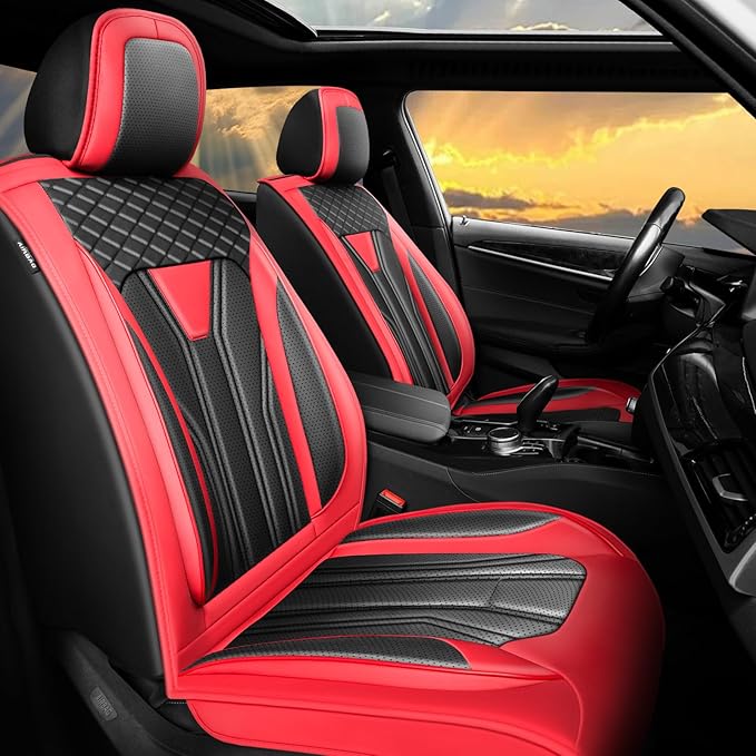 Fit Juke Car Seat Covers Compatible with Nissan Juke 2012-2015 2016 - Full Set Premium Leather， Waterproof Breathable， All-Weather Seat Cushion Protecto&Airbag Compatible （Red & Black