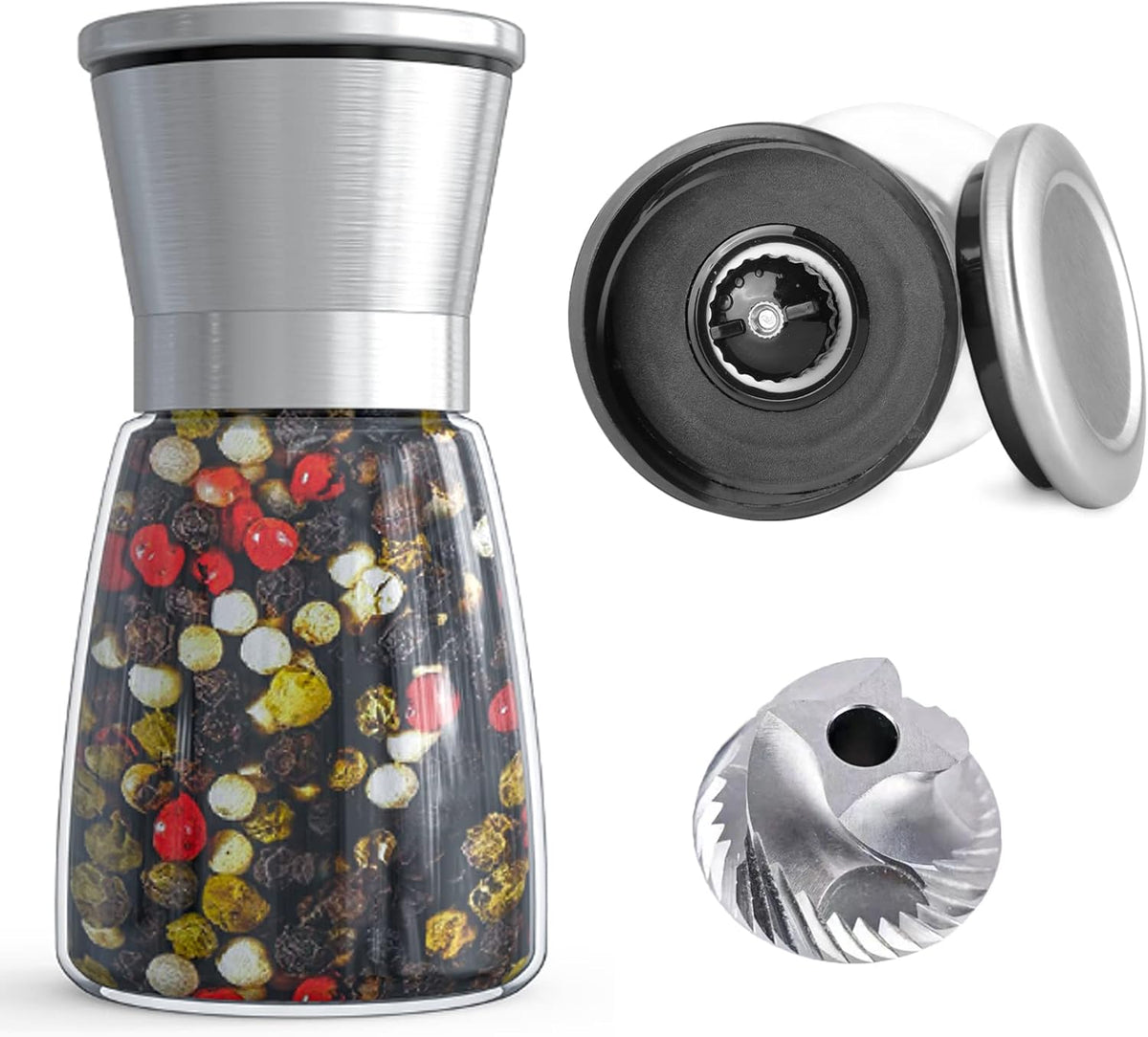 Professional Pepper Grinder - with Germany Hardened Carbon Steel Mechanism Rotor, Refillable Pepper Mill 6OZ Glass Adjust Coarseness (1PCS-Sliver-304）