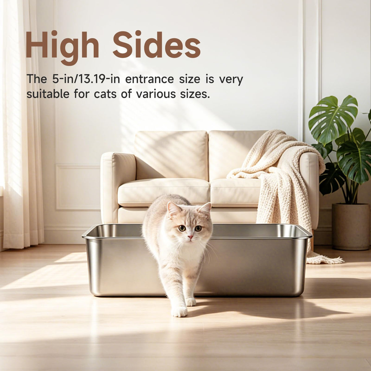 OneBug Stainless Steel High Sides Cat Litter Box,Medium