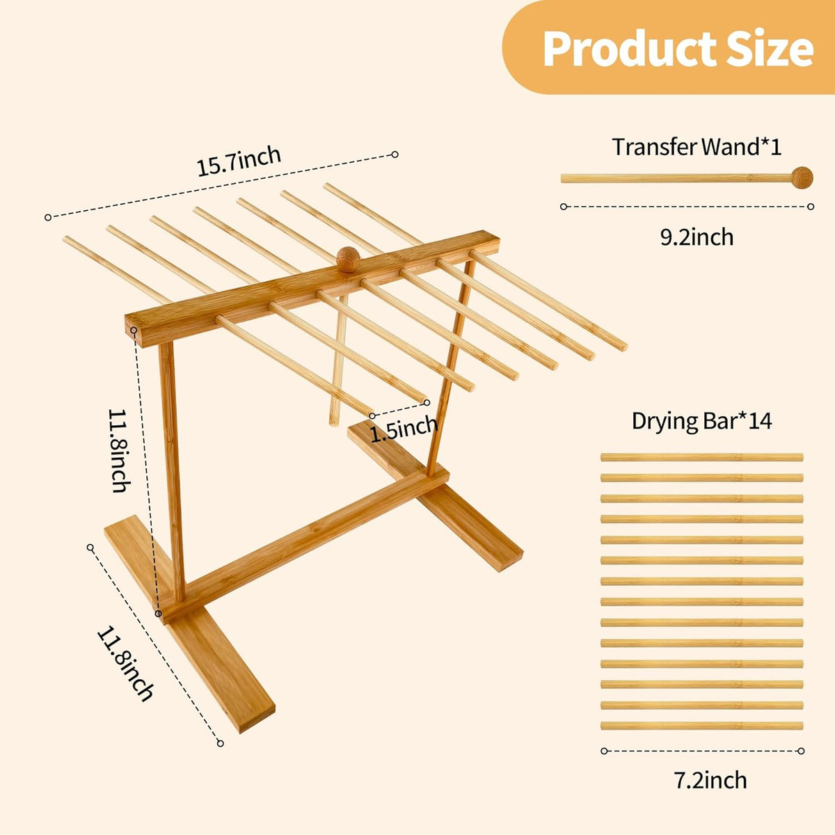Bamboo-Pasta-Drying-Rack with Transfer Wand & 14 Arms, Large Collapsible Fresh Pasta Dryer Holder for Homemade Noodle, Spaghetti, Tagliatelle, Detachable Fettuccine Hanger Stand with 14 Bars
