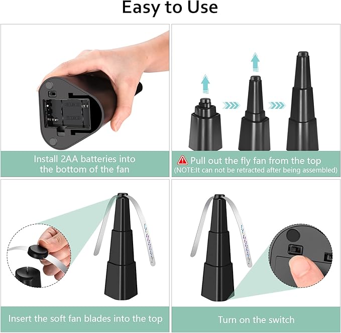 Fly Fans for Tables, Fly Repellent Fan for Indoor/Outdoor, Food Fans to Keep Flies Away for Party, BBQ, Home, Picnics, Travel, Portable and Easy Use 6 Pack (Black)