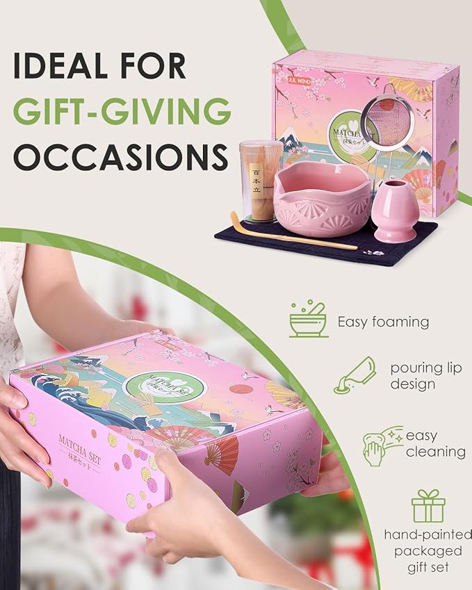 Matcha Whisk Set, Ceramic Matcha Set Includes Matcha Bowl with Spout, Matcha Whisk and Holder, Bamboo Scoop, Sifter and Tea Towel - 6 Pcs Matcha Kit Gift for Matcha Lovers (Pink)