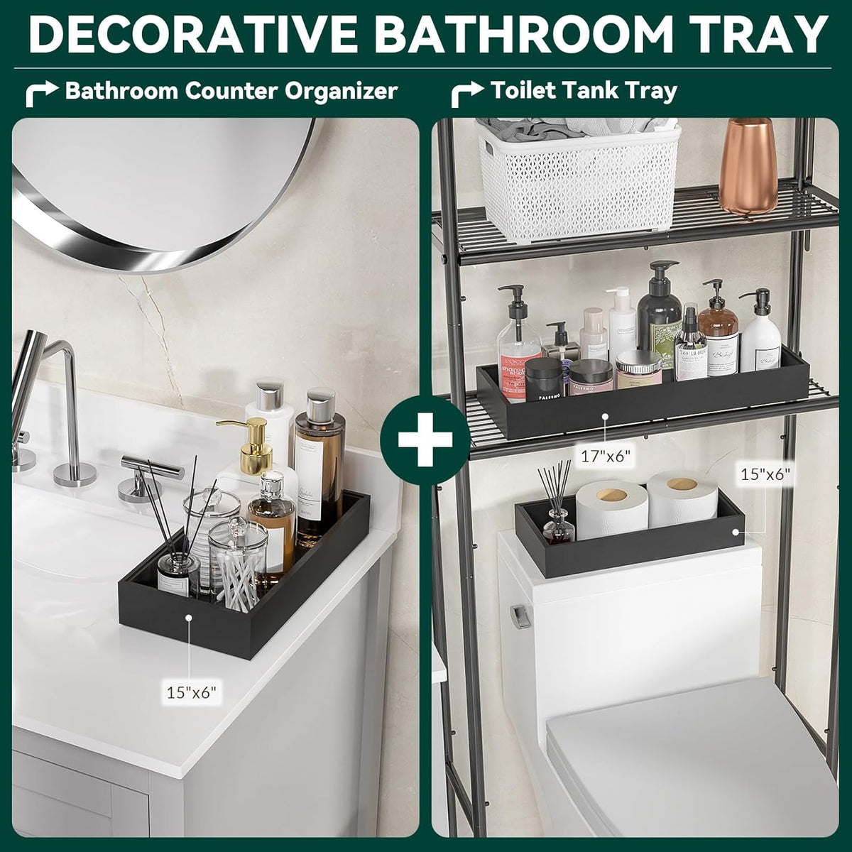 Bamboo Drawer Organizer, Extra Large Silverware Organizer for Kitchen Drawer, Stackable Utensil Organizer, 2 Pcs Toilet Tank Topper Tray, Wooden Toilet Paper Basket (Black, 17 X 6 X 2 Inch)