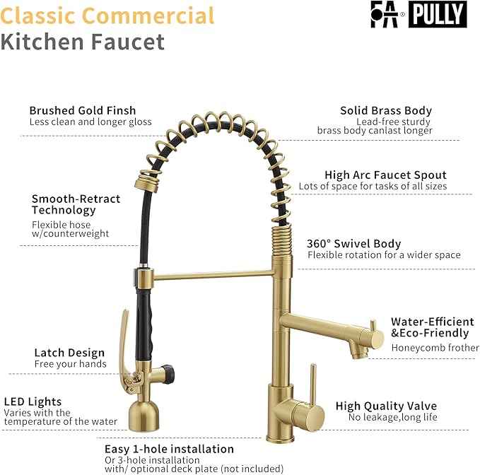 Fapully Single Handle High Arc Brushed Gold Pull Down Kitchen Faucet LED,Single Level Kitchen Sink Faucets with Pull Down Sprayer