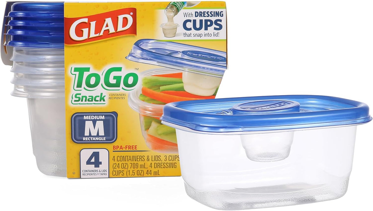 Glad GladWare To Go Snack Food Storage Containers - Medium Round - Meal Container Holds up to 24 Ounces of Food - Lock Tight Seal, 4 Count