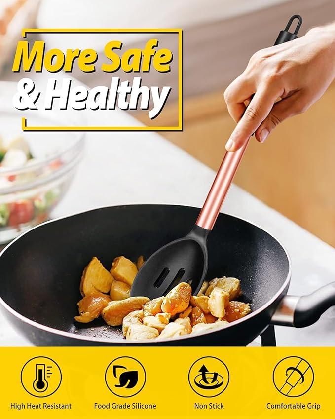Pack of 2 Large Silicone Cooking Spoons,Non Stick Solid Basting Spoon,Heat-Resistant Kitchen Utensils for Mixing,Serving,Draining,Stirring (ROSE GOLD BLACK)