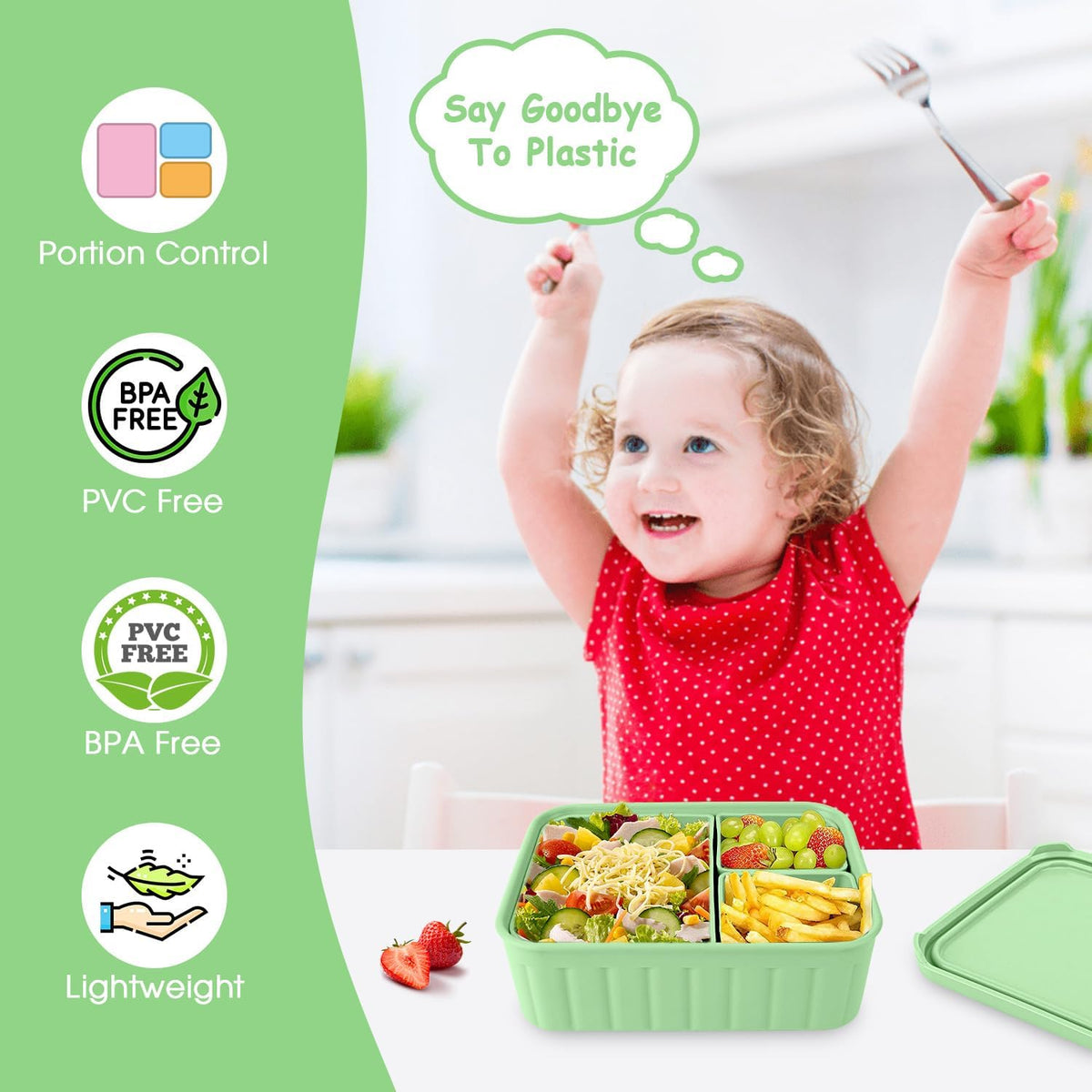 Bento Lunch Box for Kids-Reusable Silicone Kids Bento Box Lunch Container Leakproof Lunchbox Meal Prep Food Storage Containers with 3 Removable Compartments–Dishwasher Safe/BPA Free/Portion Control