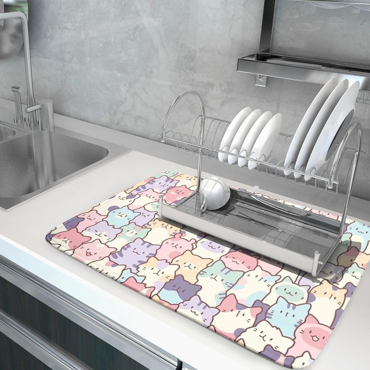 Colorful Cats Dish Drying Mat 18x24 inch Cute Animal Microfiber Reversible Fast Dry Dishes Drainer Rack Pad for Counter Kitchen Table Decor