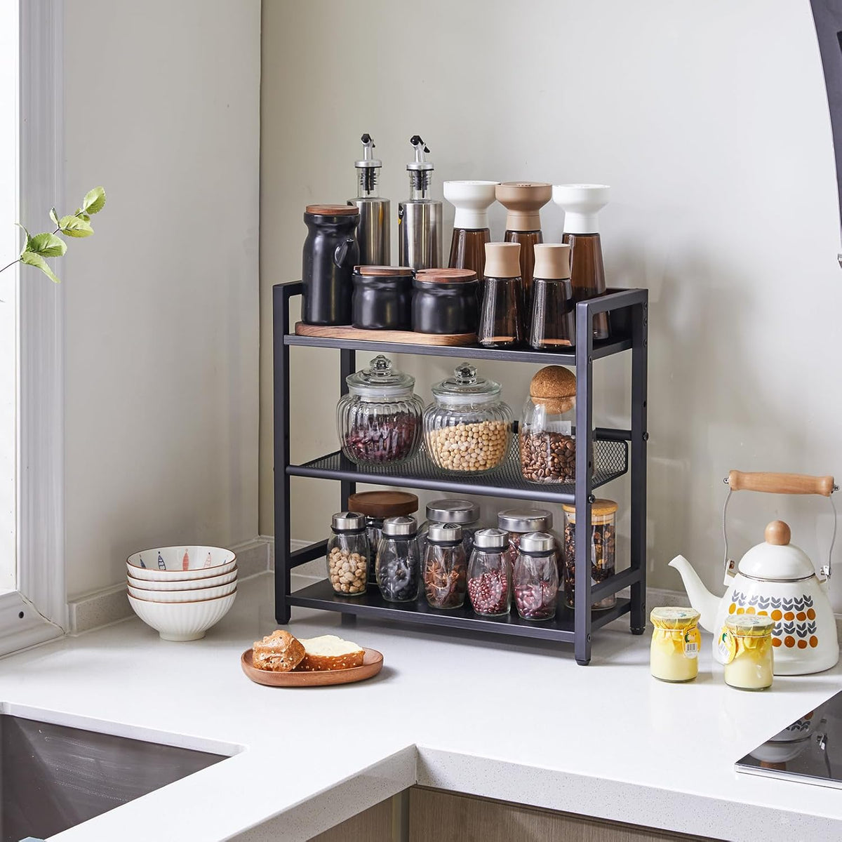 IBUYKE 3-Tier Spice Rack Industrial Counter Shelf Desktop Storage Organizer Standing Seasoning Rack for Countertop Kitchen Office Living Room Desktop Black UTLJ021B