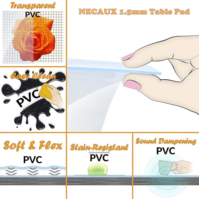 NECAUX Custom Multi-Size 1.5mm Thick Clear PVC Table Cover Protector - 24 x 60 Inch Water Resistant Plastic Rectangular Vinyl Non-Slip Desk Pad for 5 Foot Coffee Table/Writing Desk