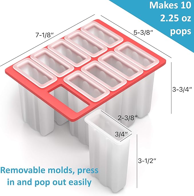 American Ice Pop Maker - Frozen Popsicle Mold Kit Moldes Para Paletas - 10 Large BPA Free Removable Plastic Molds + 50 Wood Sticks, Cleaning Brush, Healthy Kids Fruit & Cream Treats(Classic-10, Blue)