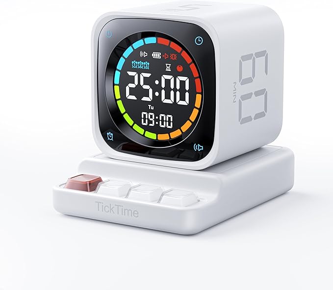TK3 Pomodoro Timer Cube, Desk Productivity Timer with 5/10/30/60 Min Presets, Custom Countdown, Stopwatch, Clock, 3 Alarm, Silent, Vibrate & Sound Alert, for Task, ADHD, Study, Kitchen, White