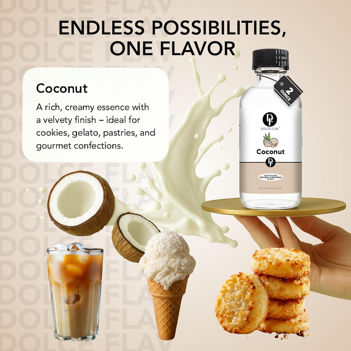 Dolce Flav Natural Coconut Extract – 2 Ounce Water-Soluble Kosher, Sugar-Free, Concentrated Tropical Coconut Flavoring for Baking, Beverages & Desserts, Includes Measured Dropper