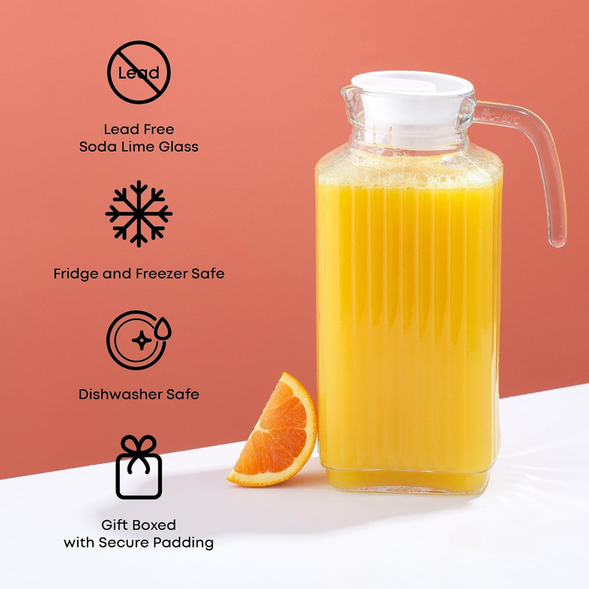 JoyJolt 60oz Glass Pitcher with Lid (2 Lids) - Beverage Serveware and Storage Container for Cold Drinks and Liquids. Juice Container, Water Jug, Fridge Pitcher for Iced Tea or Milk