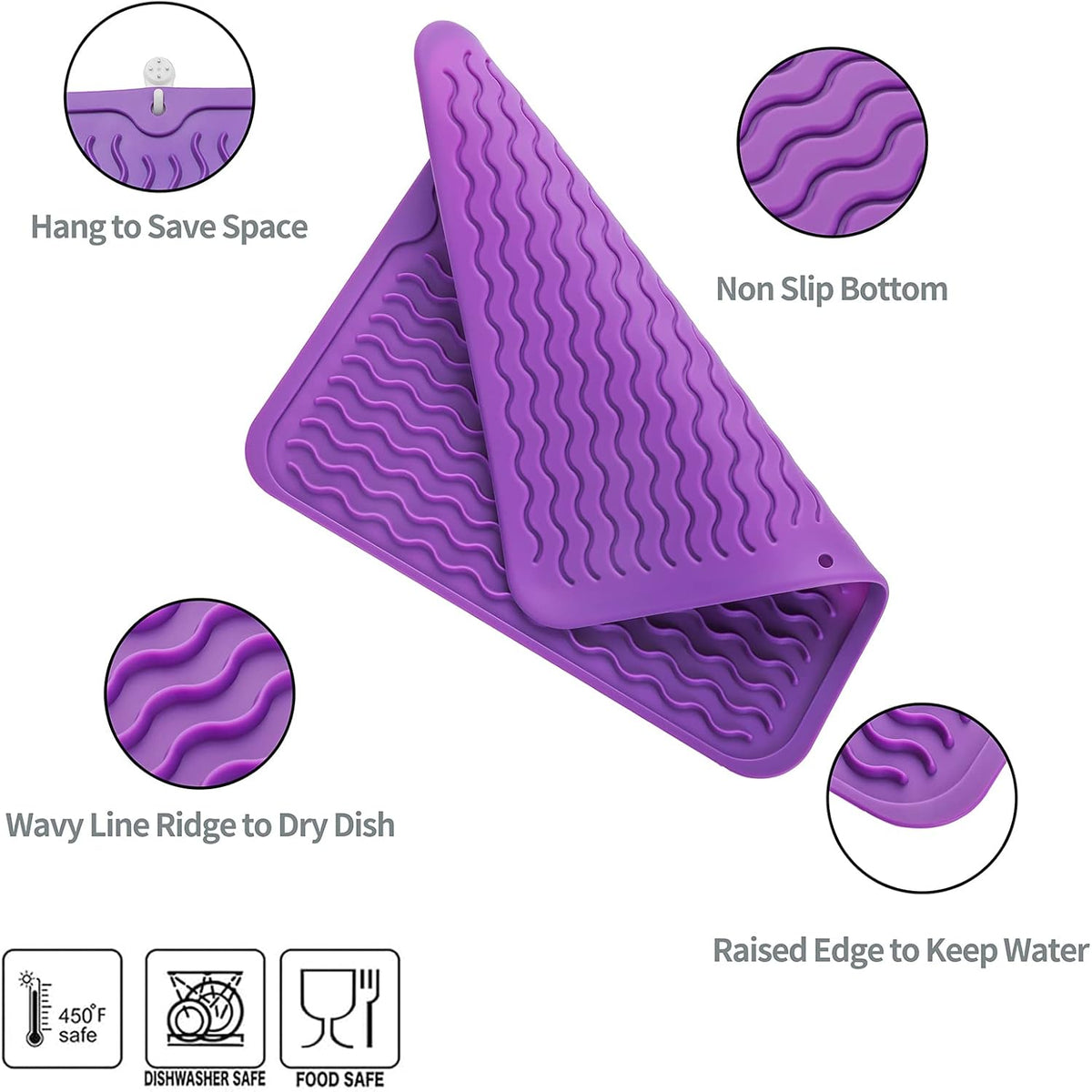Silicone Dish Drying Mat for Multiple Usage,Easy clean,Eco-friendly,Heat-resistant Silicone Mat for Kitchen Counter or Sink,Refrigerator or Drawer liner Purple M 12 inches x 12 inches