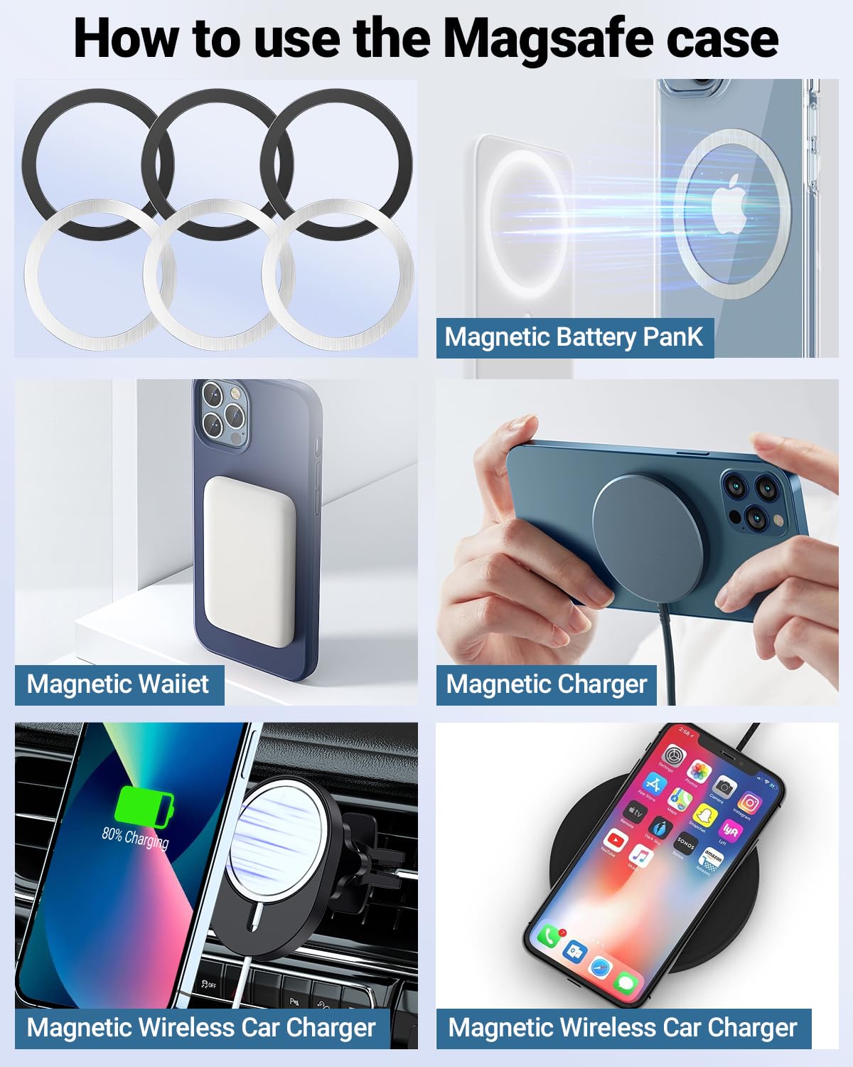 KALAPOP Magnetic Wireless Charging Magsafe Ring-6 PCS,Ultra-Thin(0.4mm) Magsafe Sticker,Compatible with iPhone 17/Air/16/15/14/13 Series,Samsung Galaxy,Google Pixel,Magsafe Accessories-3Black&3Silver