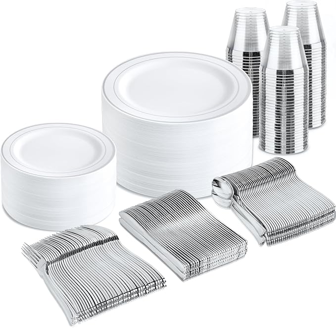 bUCLA 300PCS Silver Disposable Plastic Dinnerware Set - 50 Guests White Silver Disposable Plates Include 50 Dinner Plates,50 Dessert Plates,50 Knives,50 Forks,50 Spoons,50 Cups for Party & Christmas