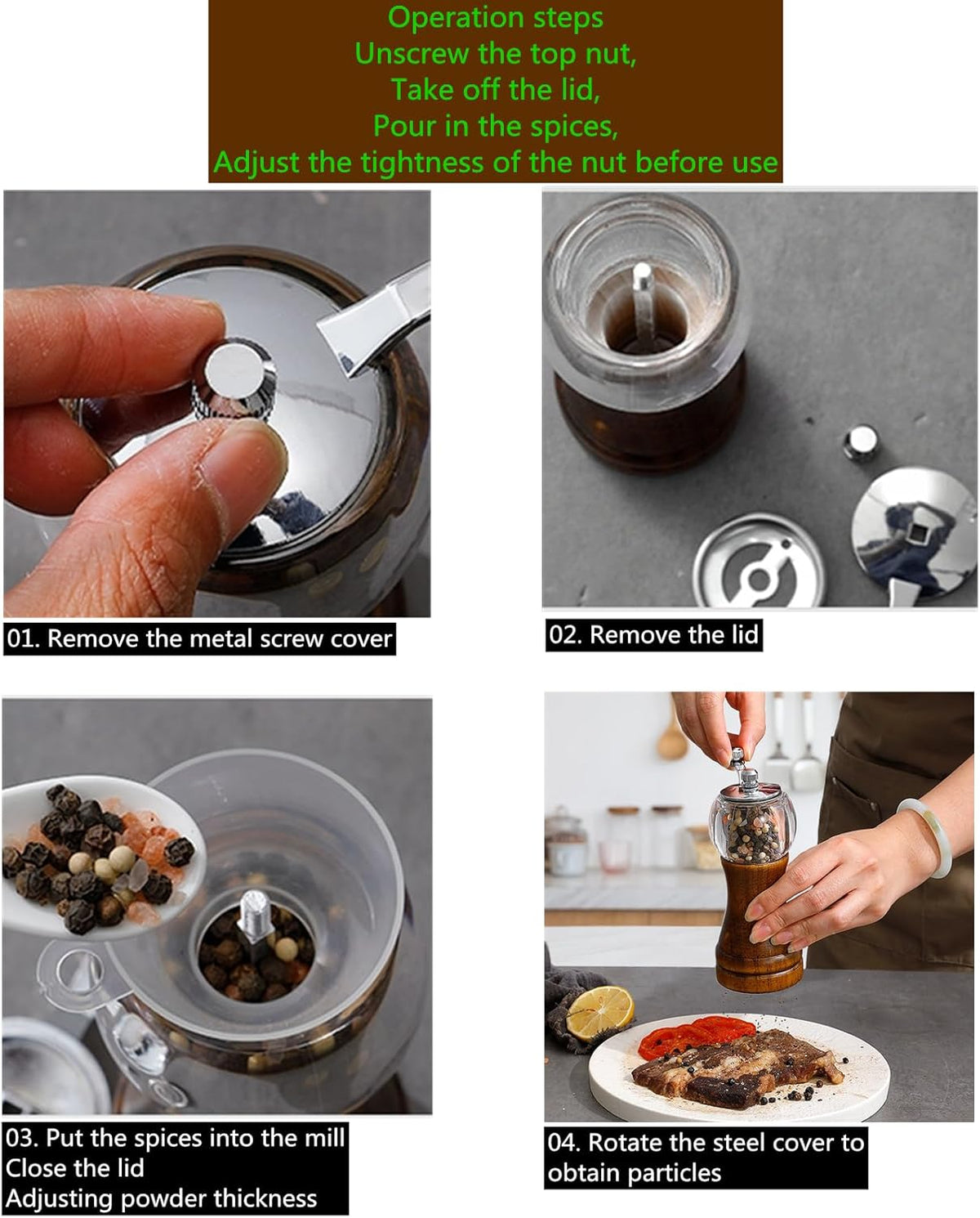 Pepper Mill Set，Manual Pepper Mills, Classical Hand Shake Wooden Pepper Grinder Set，Salt Mills，Wooden Pepper Mill，Ceramic Blades Metal Handle，Enjoy Fresh Ground Pepper (Walnut color 2pcs-6in)