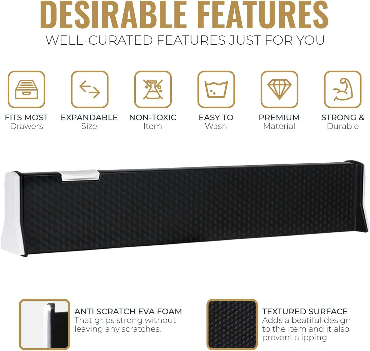 RAPTUROUS Adjustable Drawer Dividers 8 Pack, 2.5" High, 13-22" Long, Dresser Drawer Organizer for Bedroom, Closet, Kitchen, Nursery, Office, Strong Hold, Soft Foam Edges, Black