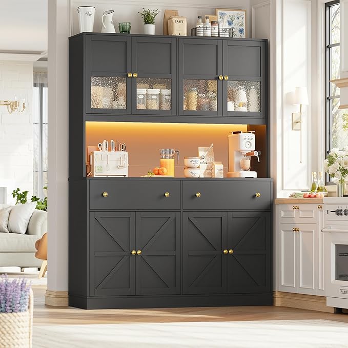 FINETONES 71" Pantry Cabinet with LED Light and Charging Station, Farmhouse Kitchen Pantry Cabinet with Microwave Stand, 47.2" Wide Kitchen Hutch Food Pantry with Open Countertop, Black