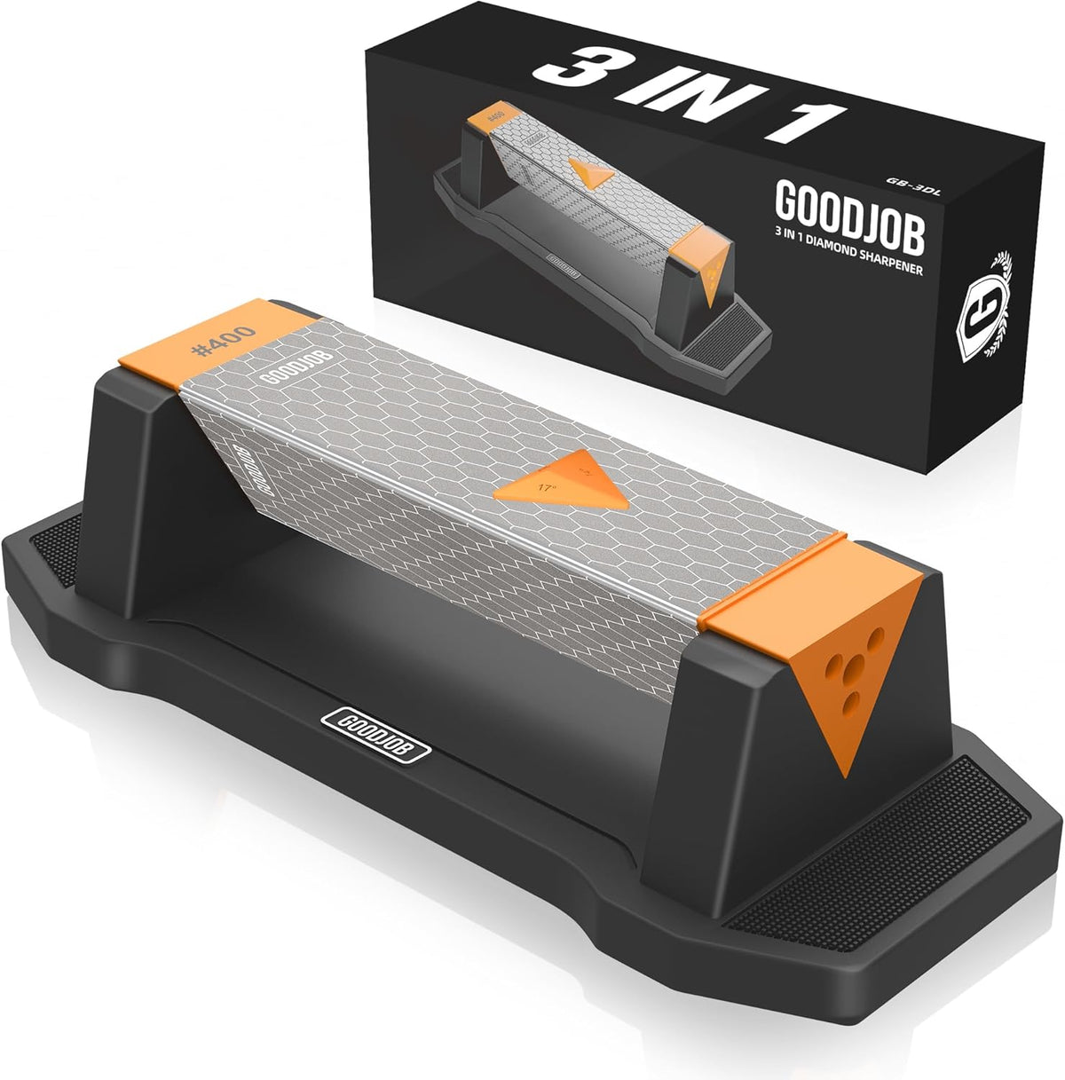 Extra Large Diamond Sharpening Stone Set 3 Side Grit 400/600/1000 Premium Industrial Diamond Knife Sharpener Suitable for Steel of any Hardness with Angle Guide and Non-Slip Base (GB-3DL)
