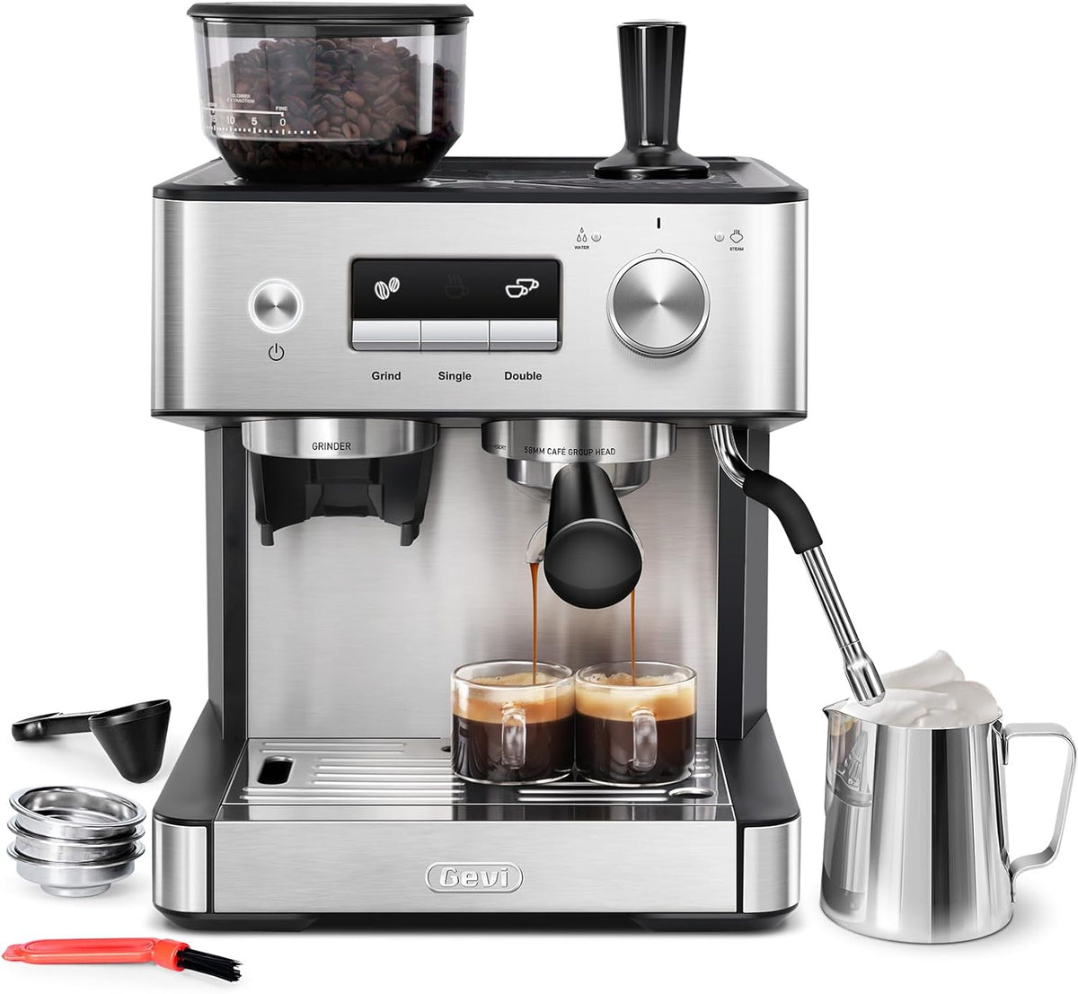 Gevi Espresso Machine with Grinder & Milk Frother, 20 Bar Professional Coffee Maker for Home, Removable Water Tank, Steam Wand, Perfect for Espresso, Cappuccino, Latte