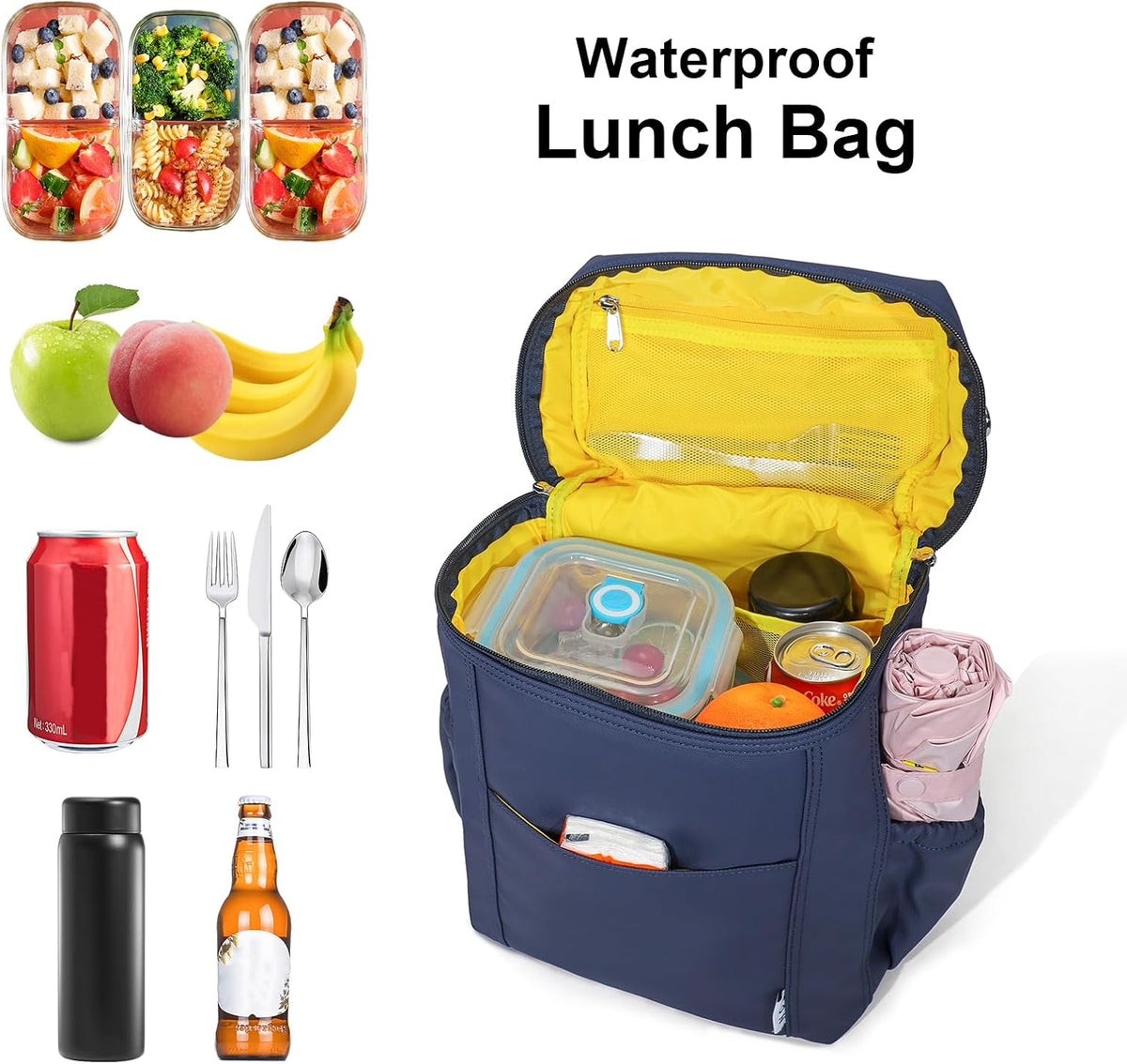 NOL Natural Organic Lifestyle Insulated Lunch Bags for Women Cooler Bag Lightweight Nylon Waterproof Lunch Box For Work (Navy blue, Large)