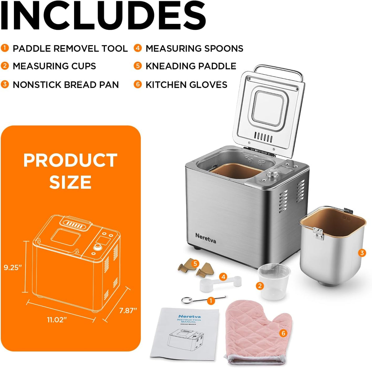 Neretva Bread Maker, 20-IN-1 2LB Bread Machine Dual Heater Bread Maker Machine Automatic with Nonstick Ceramic Pan, 15H Timer & 1H Keep Warm Set, Low Noise, Stainless Steel Breadmaker Recipe-Silver