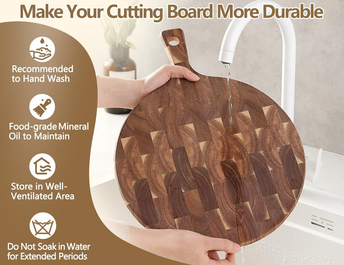 XINZUO Acacia Wood End-Grain Round Cutting Board with Handle for Kitchen Bread Pizza Cheese Fruit Charcuterie Serving Cutting Board, Two-sided Use, 16.7 x 12.5 x 0.75 inches