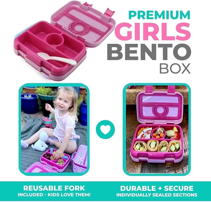 Bento Lunch Box Kids Toddlers: Leakproof Lunch Containers for Boys & Girls with 4 Compartments - School, Daycare, Pre-School, Snack Container with Lid Utensil, BPA-Free Boxes, Age 3+, Pink Unicorn