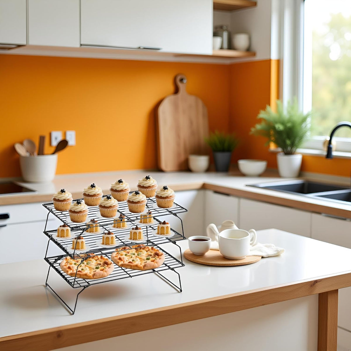 SHOUNAJIA Cooling Rack for Cooking and Baking, 3-Tier Stackable Wire Cooling Rack with Legs for Cooling Cookie, Pizza, Cake, Round Baking Paper 100 Pcs, 16" x 10", M