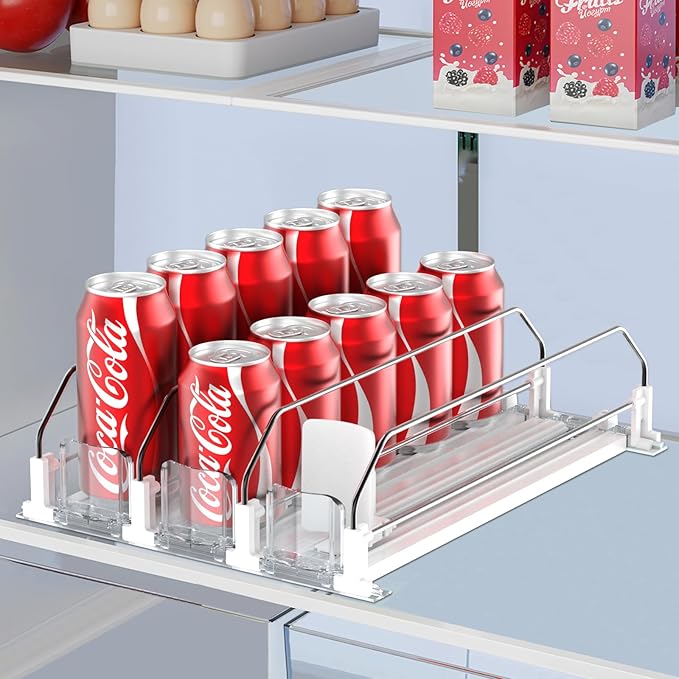 IBORING Drink Organizer for Fridge,Self Pushing Fridge Drink Organizer,Automatic Drink Dispenser for Fridge-Holds up to 15 Cans, 14.96inch, White