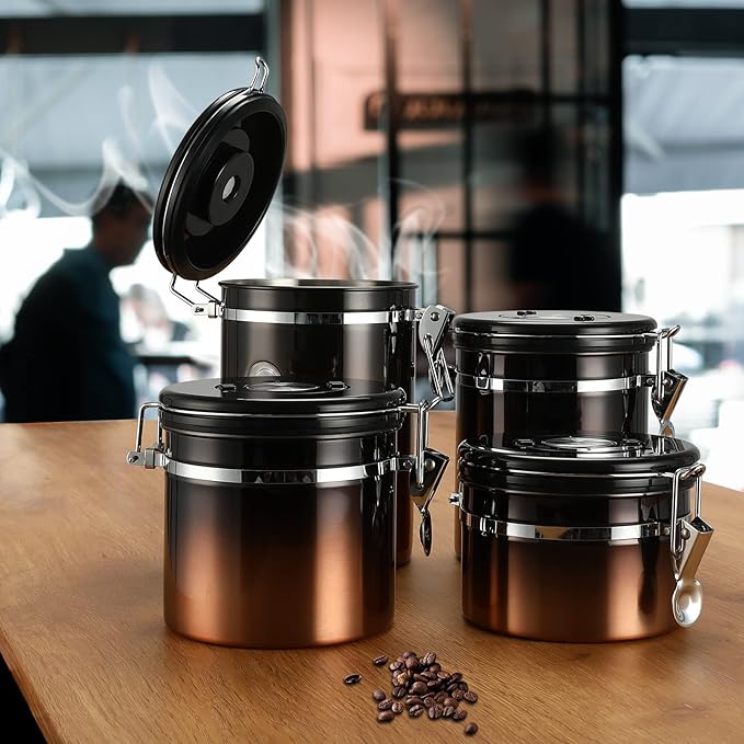 Coffee Canister, Airtight Coffee Container with Date Tracker Lid, Stainless Steel Canister for Kitchen Food Storage (Black-Copper, 9oz)