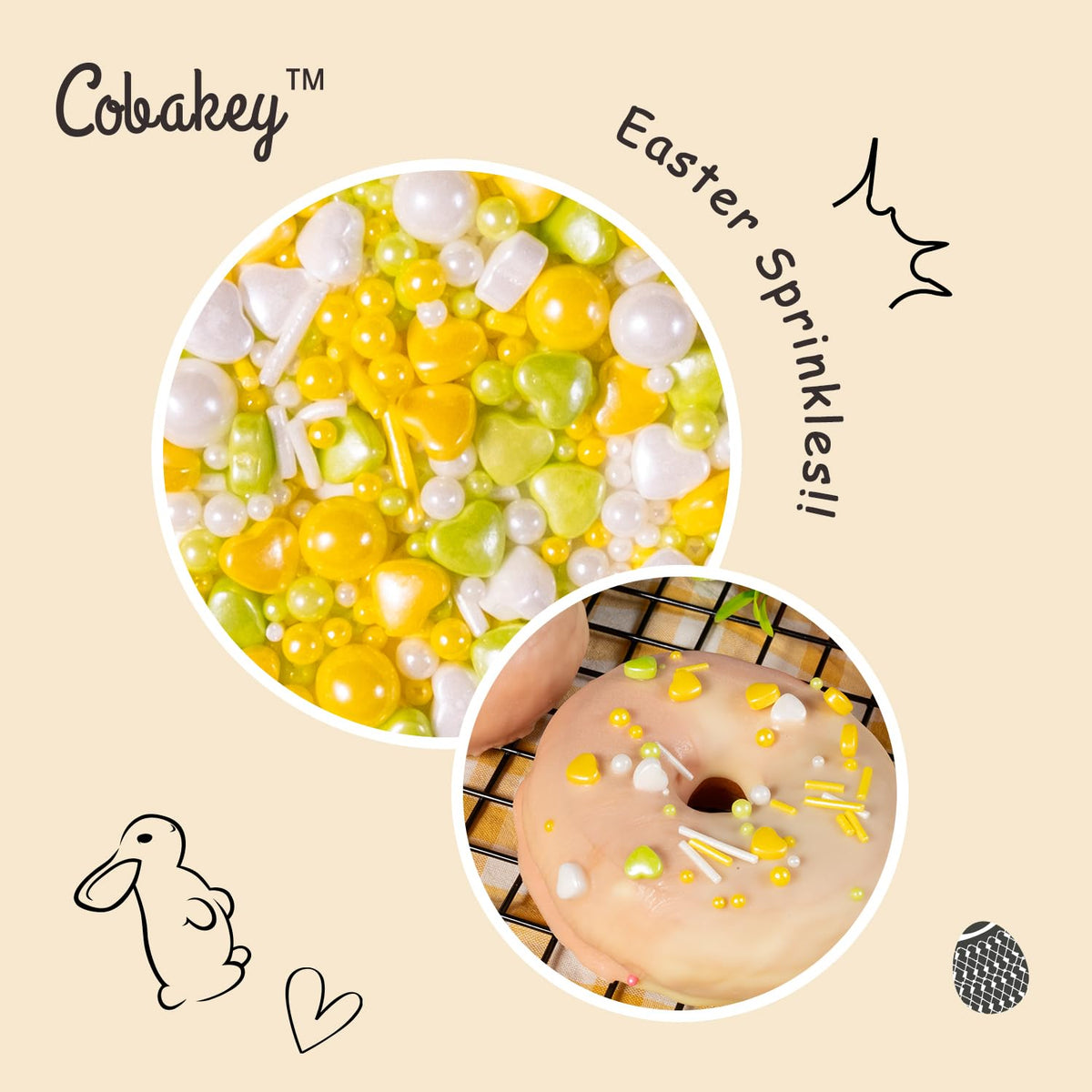 Cobakey Easter Sprinkles for Cookies 4.23 Ounce Spring Sprinkles for Baking Yellow & Green Edible Heart Perfect for Easter Cake Decorations, Baking, Ice Cream, Cookies, Cupcake Topper