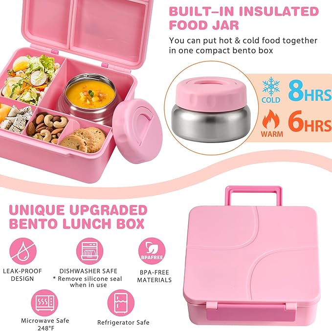 Bento Lunch Box with 9.5 oz Soup Thermo, Kids Leakproof 4 Compartments Bento Box with Silicone Cupcake,Fruit Fork,Spoon and Sauce Cup,Insulated Food Jar for School Travel-Pink